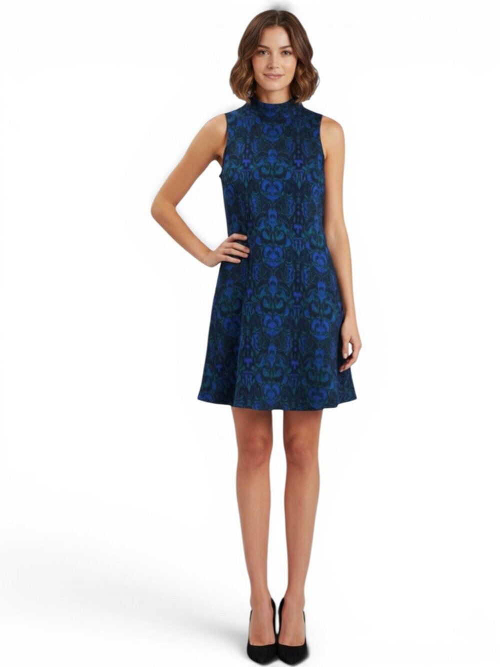 Free People Amelia Mini Dress Small Blue Damask Floral Boho Mock Neck Drop Waist